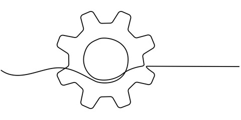 One continuous line illustration of gears wheels. Three cogwheels in lineart style. concept of business teamwork, Setting icon continuous one line drawing vector illustration, Each cogwheel can be pro