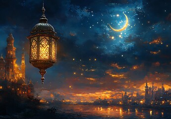 Obraz premium Illuminated Lantern Hanging Against a Backdrop of a Crescent Moon Starry Sky and a Silhouette of City Buildings