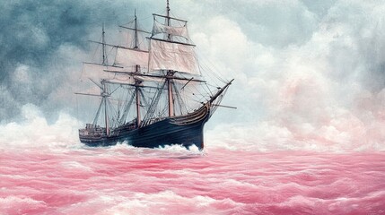 bauhaus style theatre poster of an old ship in a pink sea