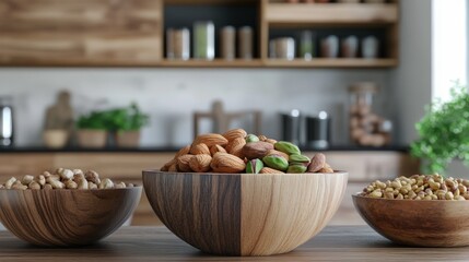 Fototapeta premium Mixed nuts in wooden bowls on kitchen counter