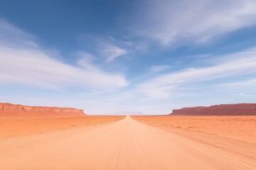 sandy desert road stretches endlessly toward horizon dramatic sky overhead warm earthy tones copy space