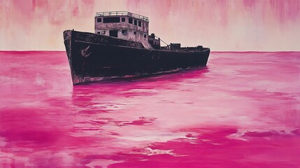 bauhaus style theatre poster of an old ship in a pink sea