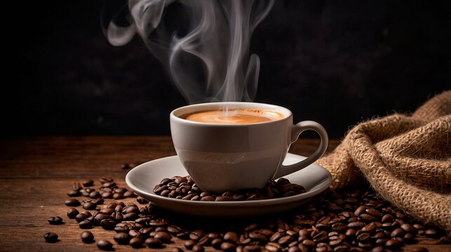 White cup of freshly brewed coffee with a cloud of steam and coffee grains on a dark rustic background. Beautiful drinks beverages photography illustration concept. 