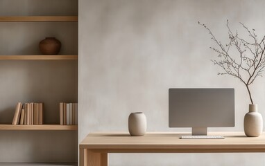 A simple and refined workspace with a light wooden desk, a sleek desktop monitor, and a small ceramic vase. 