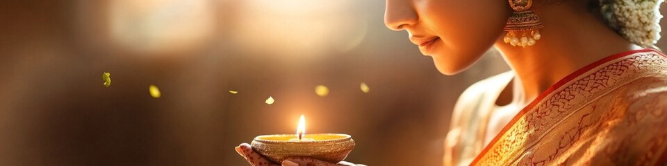 Woman in traditional attire holding a lit diya.