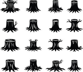 Tree stump icon set.High quality black style icon,lumber industry material silhouette,cut trees structure textured.Tree Stump illustration sign collection. Wood symbol or logo,vector illustration.