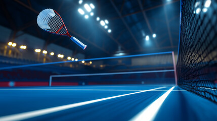 A close-up shot of a shuttlecock soaring through the air, heading toward a player who is poised for a powerful forehand smash, with the court markings 