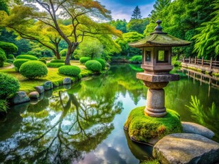 Naklejka premium Urban exploration reveals a serene Japanese garden: stone lantern, pond's reflection, lush greenery, gravel path.