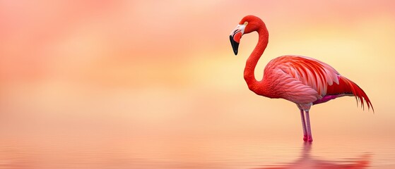 Fototapeta premium A vibrant flamingo stands gracefully in calm waters, surrounded by a soft pink and orange gradient, embodying elegance and tranquility.