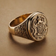 A vintage gold signet ring with an engraved family crest on a warm beige background.