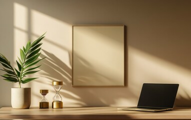 Fototapeta premium A stylish executive office with a polished walnut desk displaying a closed laptop, a golden hourglass, and a ceramic plant pot. 