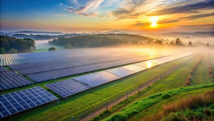 Solar panel farm at dawn with misty landscape , solar power, green energy