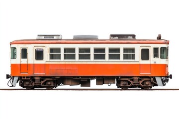 Fototapeta premium Rusty orange train, Japan, side profile, white background, transport