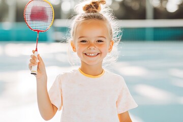 smiling young girl playing badminton her racket raised and ready to hit