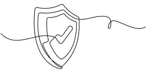 Shield icon with checkmark continuous one line drawing, Shield with check protect, one line continuous. Success, guarantee, safe sign. Vector outline, Shield Protection Continuous Line Icon, Warranty.