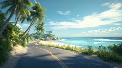 Tropical coastal road, ocean view, sunny day, travel postcard
