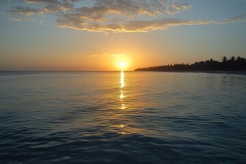 Naklejka premium Stunning sunset over tranquil ocean, palm trees silhouetted on shore. Perfect for travel, vacation, or relaxation themes.