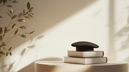 Stylish black hat on books, sunlit room, minimalist