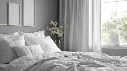 Serene bedroom, white bedding, window view, spring flowers, home decor