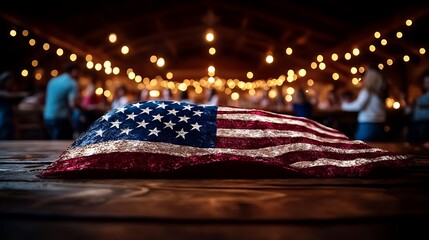 A slightly rumpled American flag rests on a rustic wooden table in the foreground, with a blurred background of a festive gathering illuminated by warm string lights, creating a patriotic and celebrat
