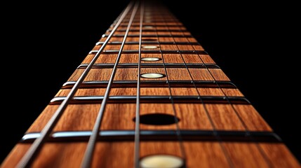 Close-up of guitar neck, strings, and frets against black background.