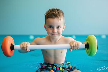 Caucasian young male child in swimming pool holding colorful floating dumbbells