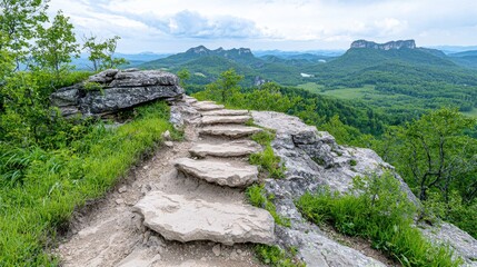 Mountaintop stone steps, scenic valley view, hiking trail, summer