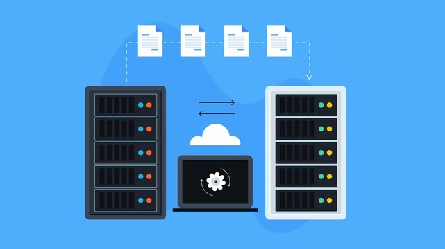 Server migration concept, transferring data between two servers, secure cloud network connection. Video animation.