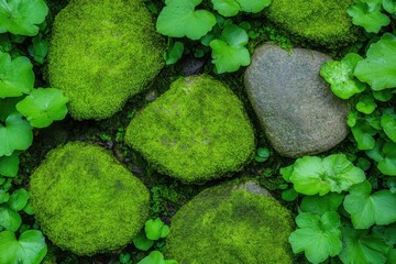top-down close-up of moss-covered stones in dense forest green growth forming natural carpet