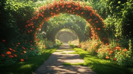 Fototapeta premium Sunlit garden archway covered in red roses. Winding stone path through lush green foliage. Calm romance and hopeful journey. Ideal for wellness branding, wedding invitations, and travel ads.