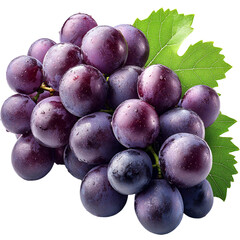 Juicy red grapes bunch with green leaf fresh fruit isolated transparent background