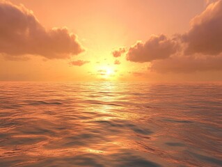 Fototapeta premium Tranquil orange sunset over the ocean with gentle waves and soft clouds above the water