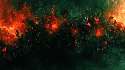 Abstract fiery floral artwork dark green orange swirls