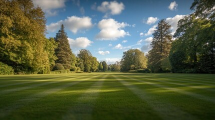 Obraz premium Serene Landscape With Lush Green Lawn And Tall Trees