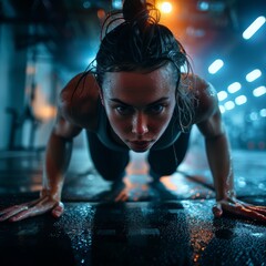 Powerful woman pushups intense workout fitness strength determination healthy lifestyle gym training
