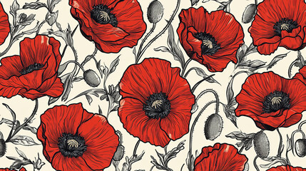 Spring flower seamless pattern background. Springtime floral pattern of blooming red poppy flowers. Spring holidays greeting card, textile or wallpaper design