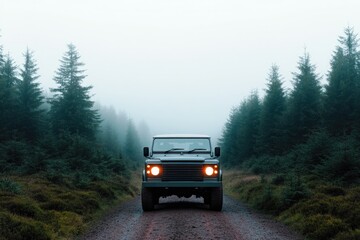 Fototapeta premium imposing suv stands parked on dirt path surrounded by towering pine trees in verdant forest