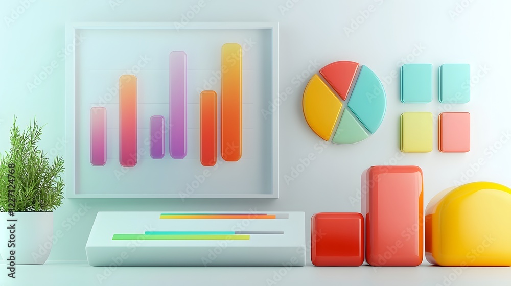 Poster Vibrant 3D data analytics scene featuring futuristic glowing charts bold color gradients and minimalistic design for maximum clarity and visual impact