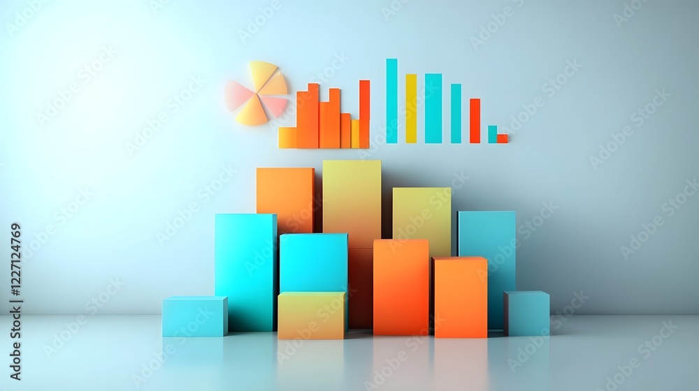 Poster Advanced 3D data analytics scene with bold color gradients glowing charts and futuristic visual elements set against a minimalistic white background for clarity and impact