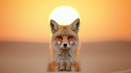 Obraz premium A majestic fox stands against a vibrant sunset, showcasing its striking fur and captivating gaze, embodying the beauty of nature.