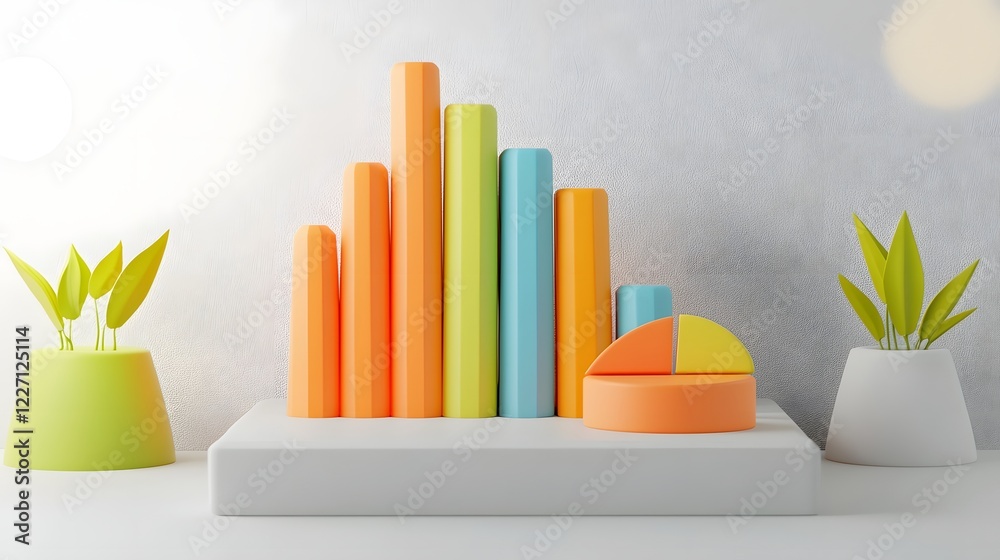 Aufkleber 3D data visualizations with intricate chart designs dynamic pie graphs and detailed bar graphs in vivid colors dramatically lit against a bright white canvas