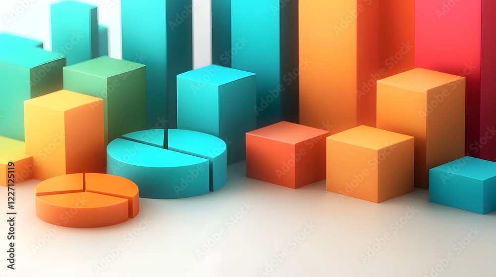 Aufkleber and dynamic 3D data visualization elements including intricate pie charts bar graphs and other geometric chart designs in vivid colors and dramatic lighting set against a bright white background