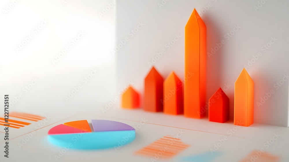 Poster Detailed 3D data visualization infographic featuring a variety of dynamic charts and graphs in vivid bright colors against a clean white background  This modern
