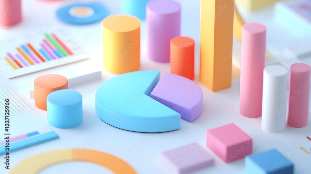 Poster Conceptual visualization of data analytics with vibrant pastel 3D pie charts and bar graphs