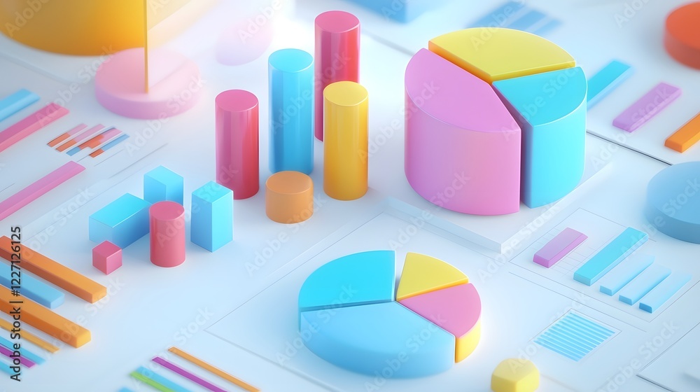 Poster Vibrant 3D pastel colored pie charts and bar graphs arranged in a dynamic composition casting soft and playful shadows on a clean white surface creating a modern data visualization aesthetic
