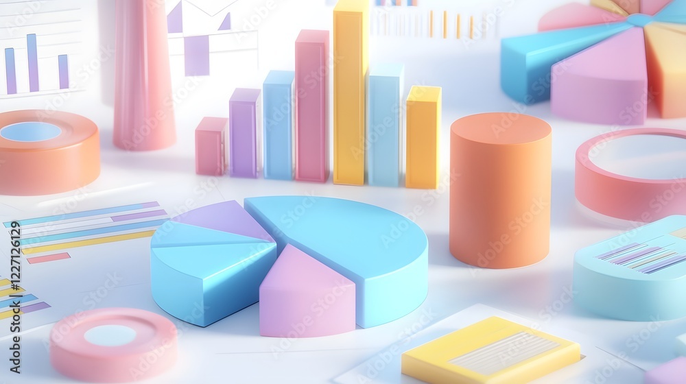 Poster Vibrant pastel colored 3D pie charts bar graphs and other data visualization elements arranged in a dynamic modern composition casting soft playful shadows on a clean white backdrop