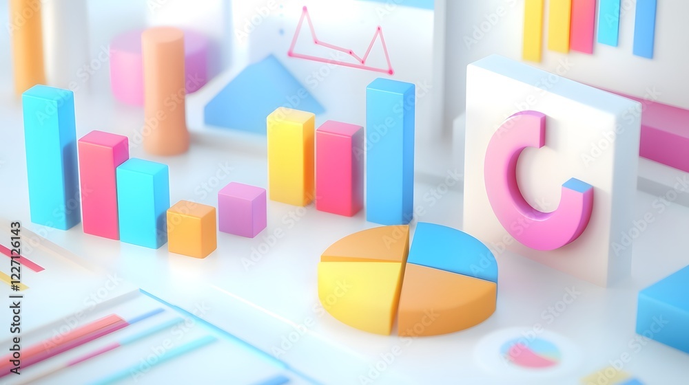 Poster Futuristic Pastel Hued 3D Data Visualization with Floating Bar Graphs Pie Charts