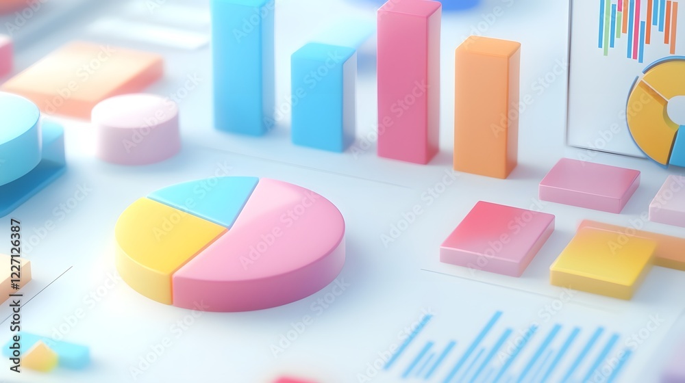 Leinwandbilder Elegant abstract representation of statistical data featuring colorful 3D pie charts and bar graphs in soft pastel shades elegantly positioned on a clean