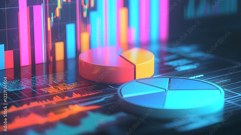 Poster Visually stunning 3D infographic scene featuring pastel toned data visualization elements like floating pie charts and bar graphs casting soft gradient shadows on a bright white background