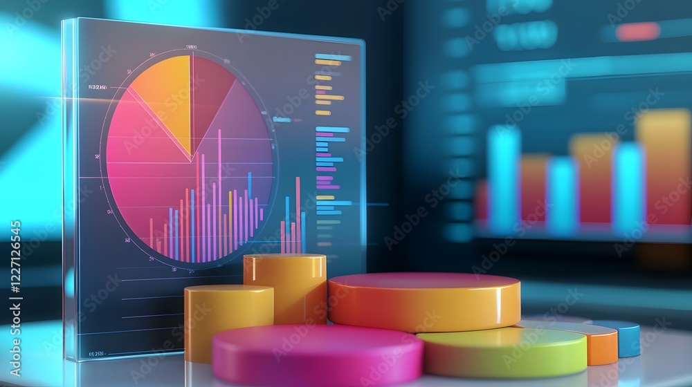 Poster Sleek and Dynamic 3D Data Presentation with Pastel Colored Minimalist Graphs and Charts Arranged in an Aesthetically Pleasing Composition on a White Surface with Smooth Shadows